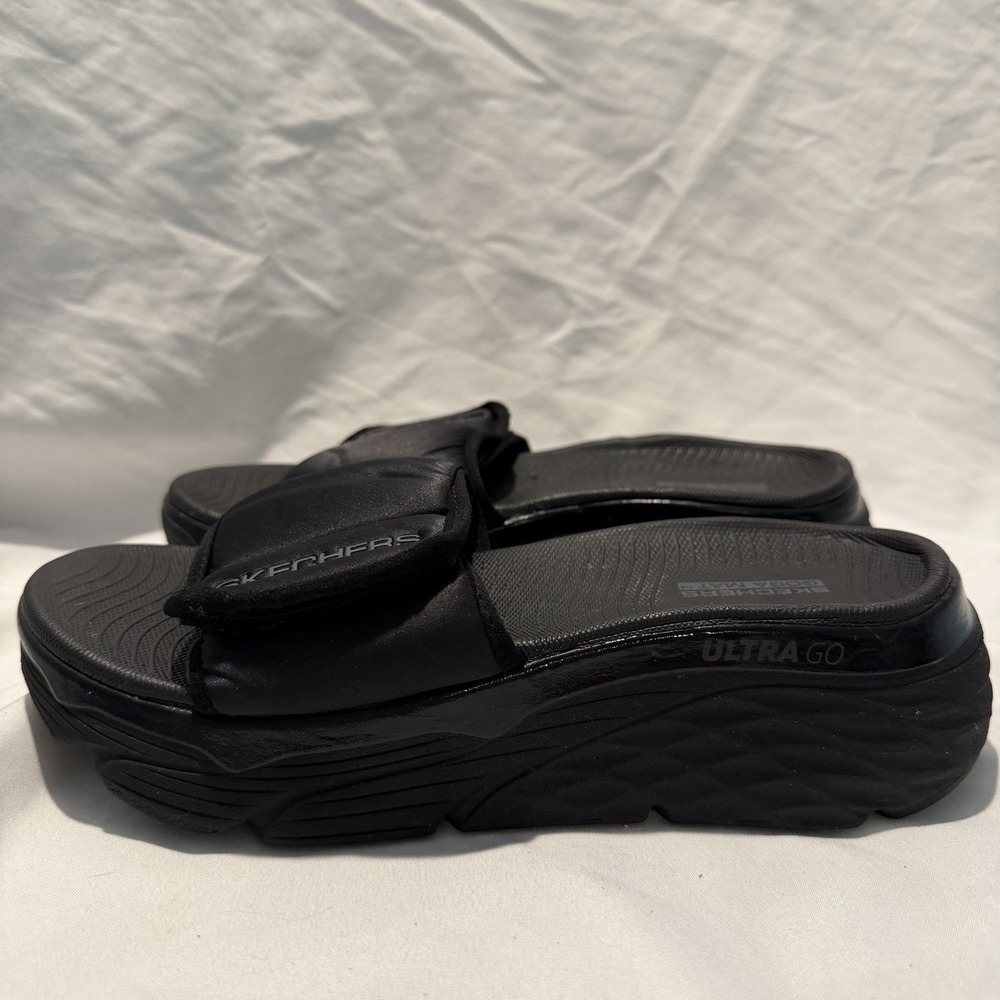 Skechers Black Slide Sandals Wedge Comfort Adjustable‎ Strap Hook & Loop Logo